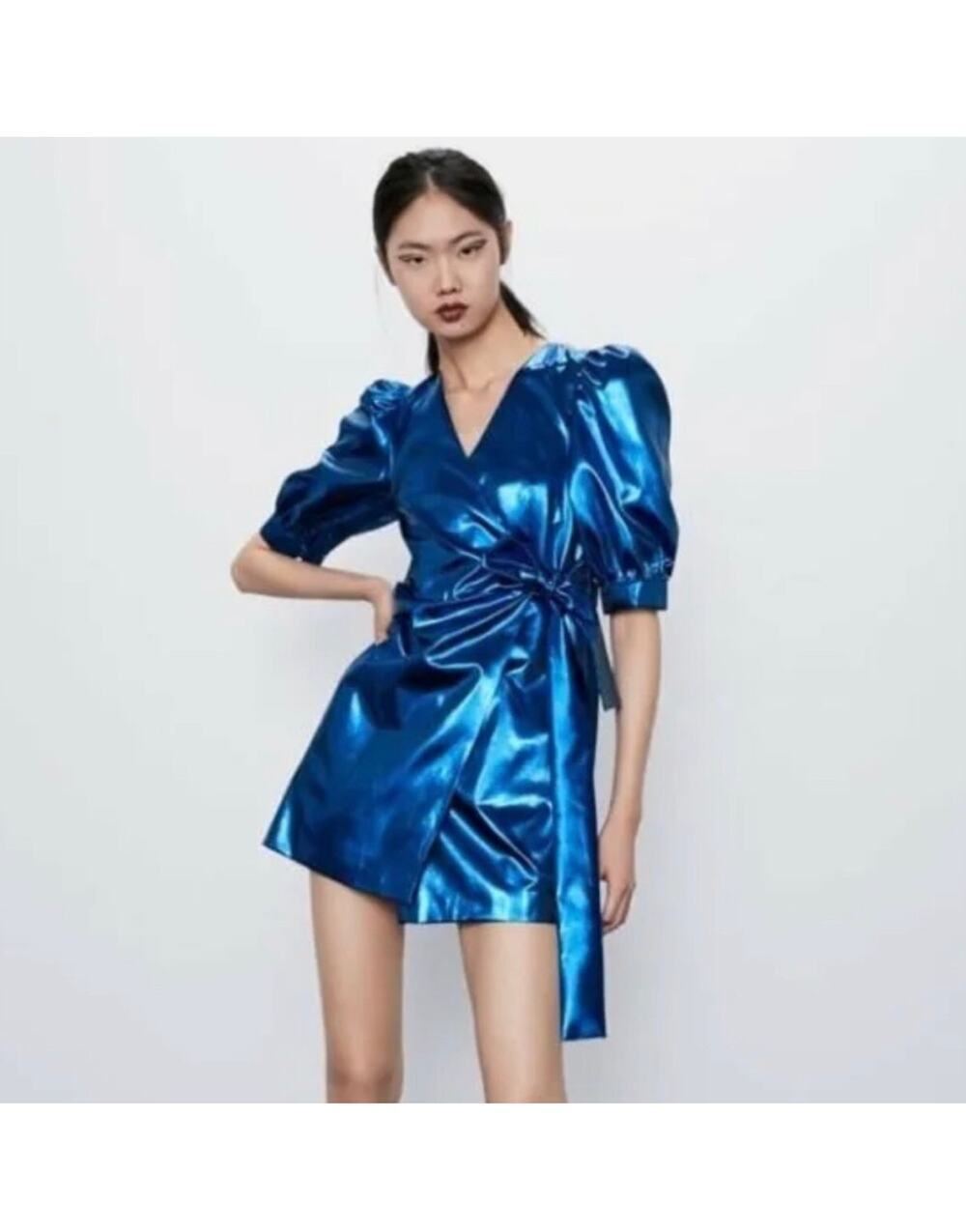 NWT Zara Metallic Blue Tie Waist Wrap Short sleeve Dress Size XS